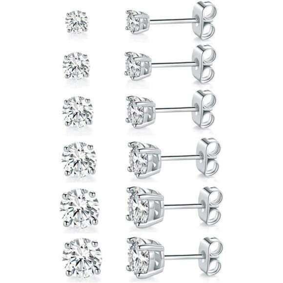 6 Pair CZ Stud Earrings Set 18K White Gold Plated Round Clear for Men Women - Picture 1 of 7